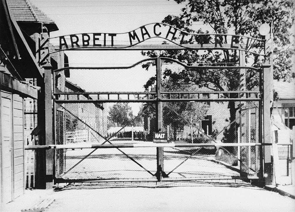 View of the entrance to the main camp of Auschwitz Auschwitz I