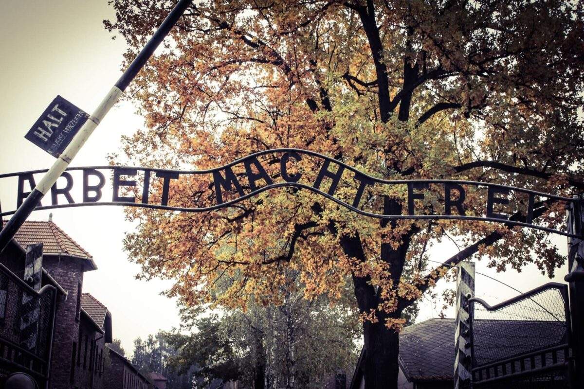 albeit macht frei sign at Auschwitz Birkenau against backdrop of tree with red and green leaves