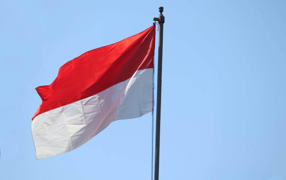 picture of red and white polish flag on flagpole in the wind against a clear blue sky