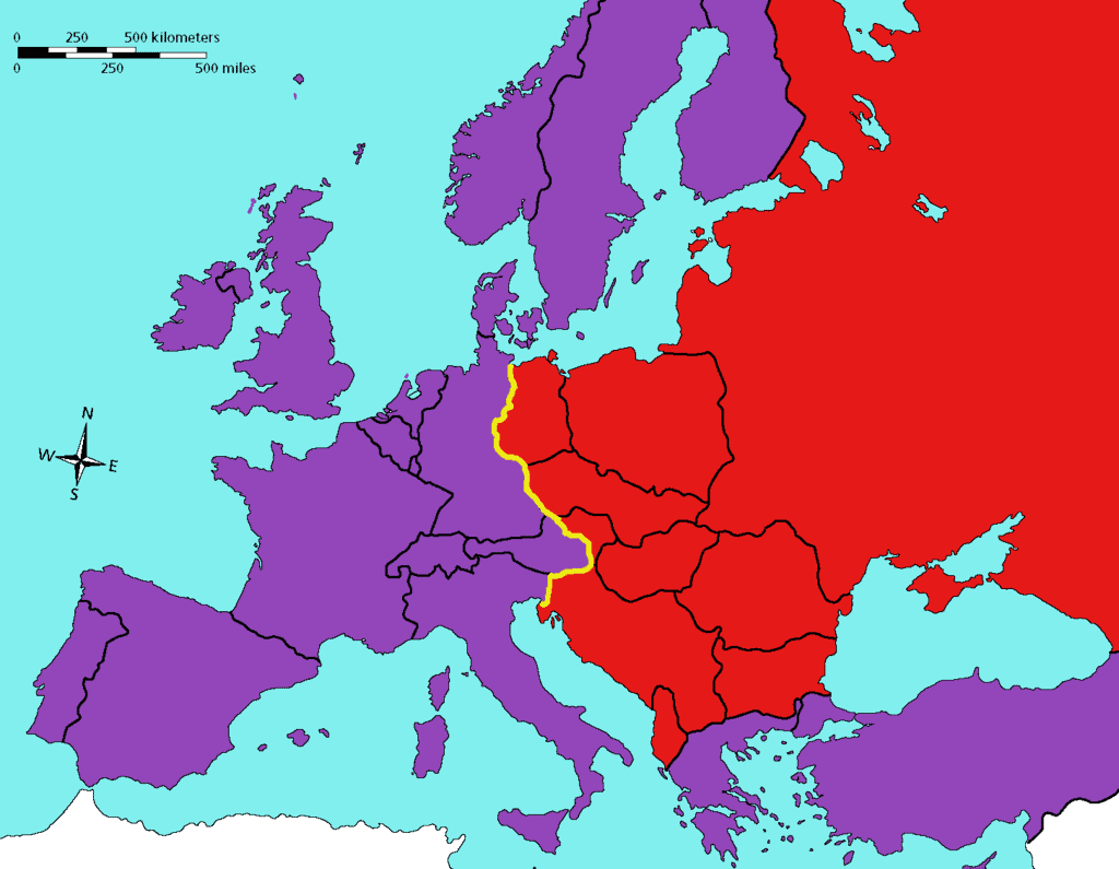 map of Europe- western part in purple, eastern park that is the iron curtain in red