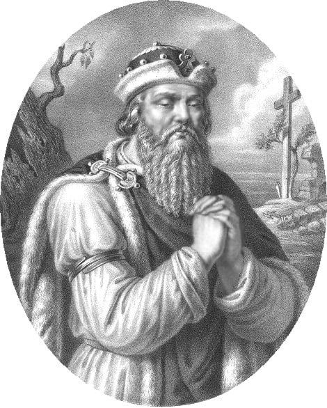 black and white drawing of Mieszko I- portrait with crown on head, holding hands together in prayer- how many times has poland been invaded