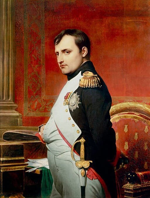 portrait of Napoleon- facing right with head turned toward painter, red background with royal suit- how many times has poland been invaded