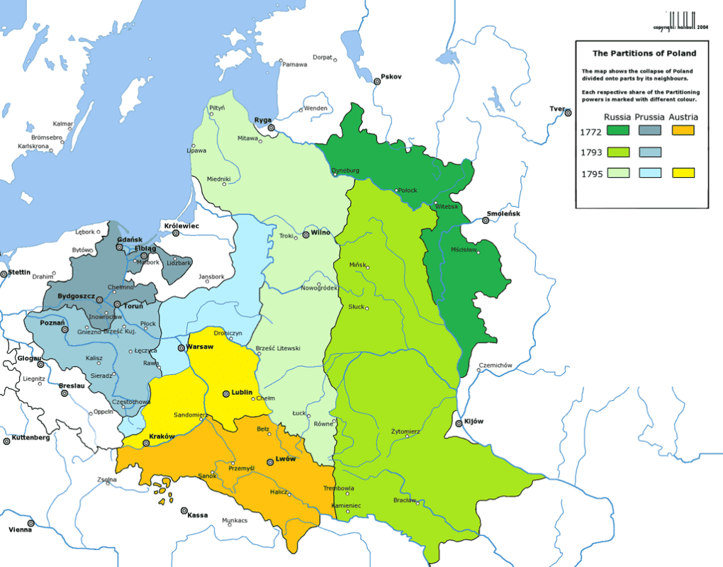 map of poland showing partitions of poland during the 18th century in colors blue, yellow. orange, green- how many times has poland been invaded