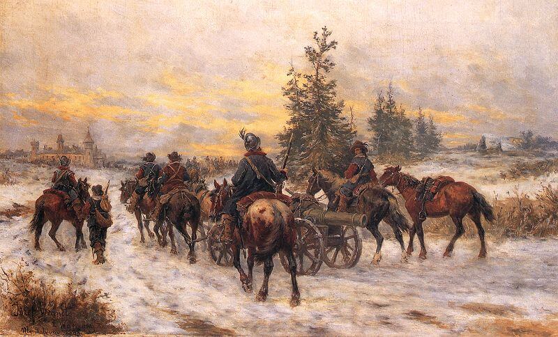 painting of Swedish deluge, men upon horses facing away and trotting toward a setting sun with snow on ground and a few dotted evergreen trees- how many times has poland been invaded